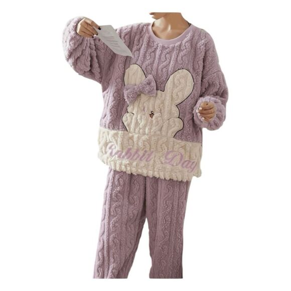 H&M Kawaii Rabbit Day 3D Bow Bunny Sherpa Fleece Lounge Set M - Picture 1 of 10